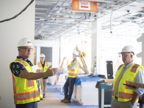 Dr. Richard Huard, who leads the Rhode Island Department of Health’s Center for Biological Science Laboratories, discusses the state’s new laboratories in a June 24, 2025, walkthrough for press. At right is Health Department Director Dr. Jerry Larkin.