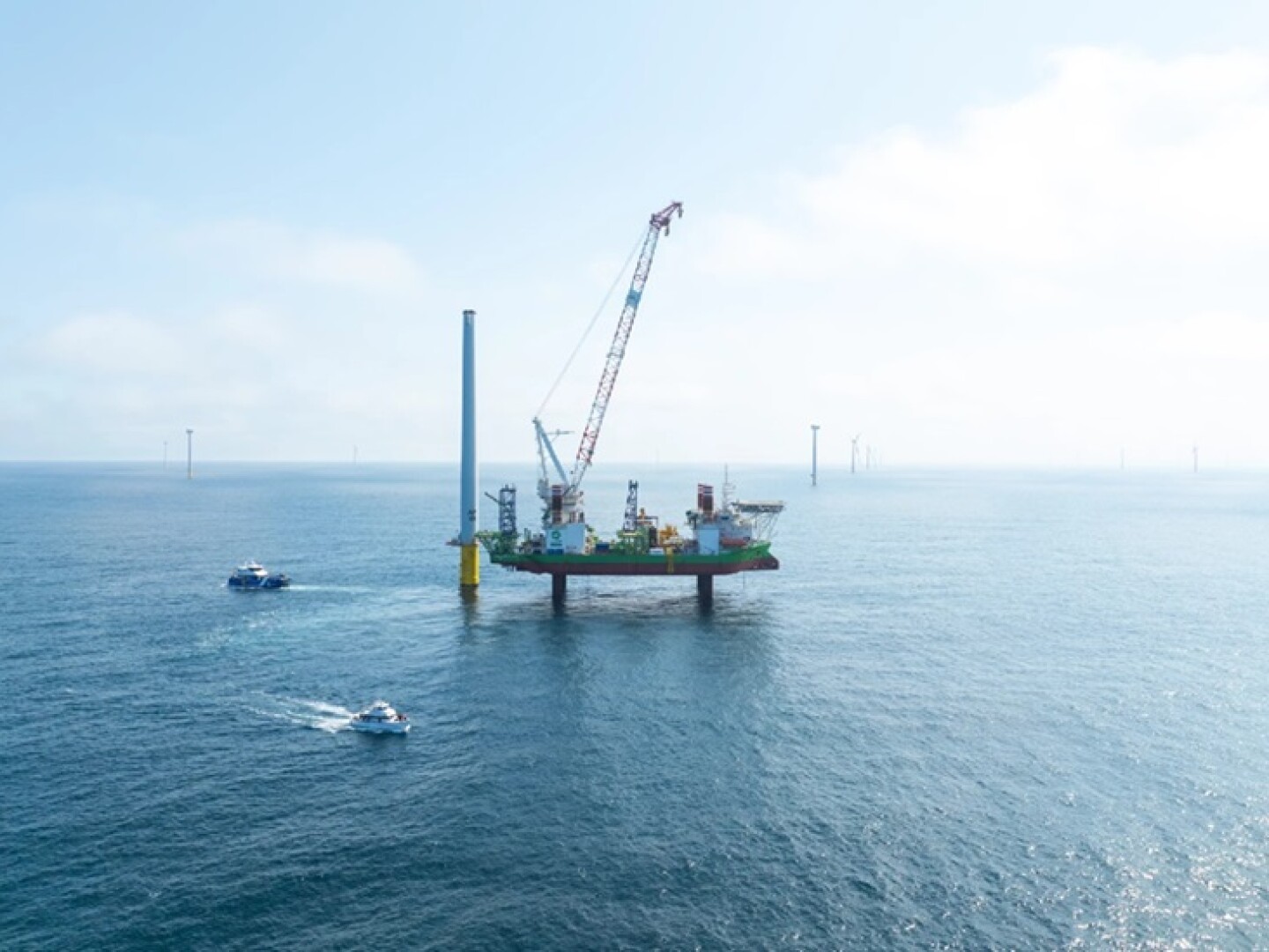 A specialized "jack up" barge at the Vineyard Wind offshore wind site is used to build a turbine.