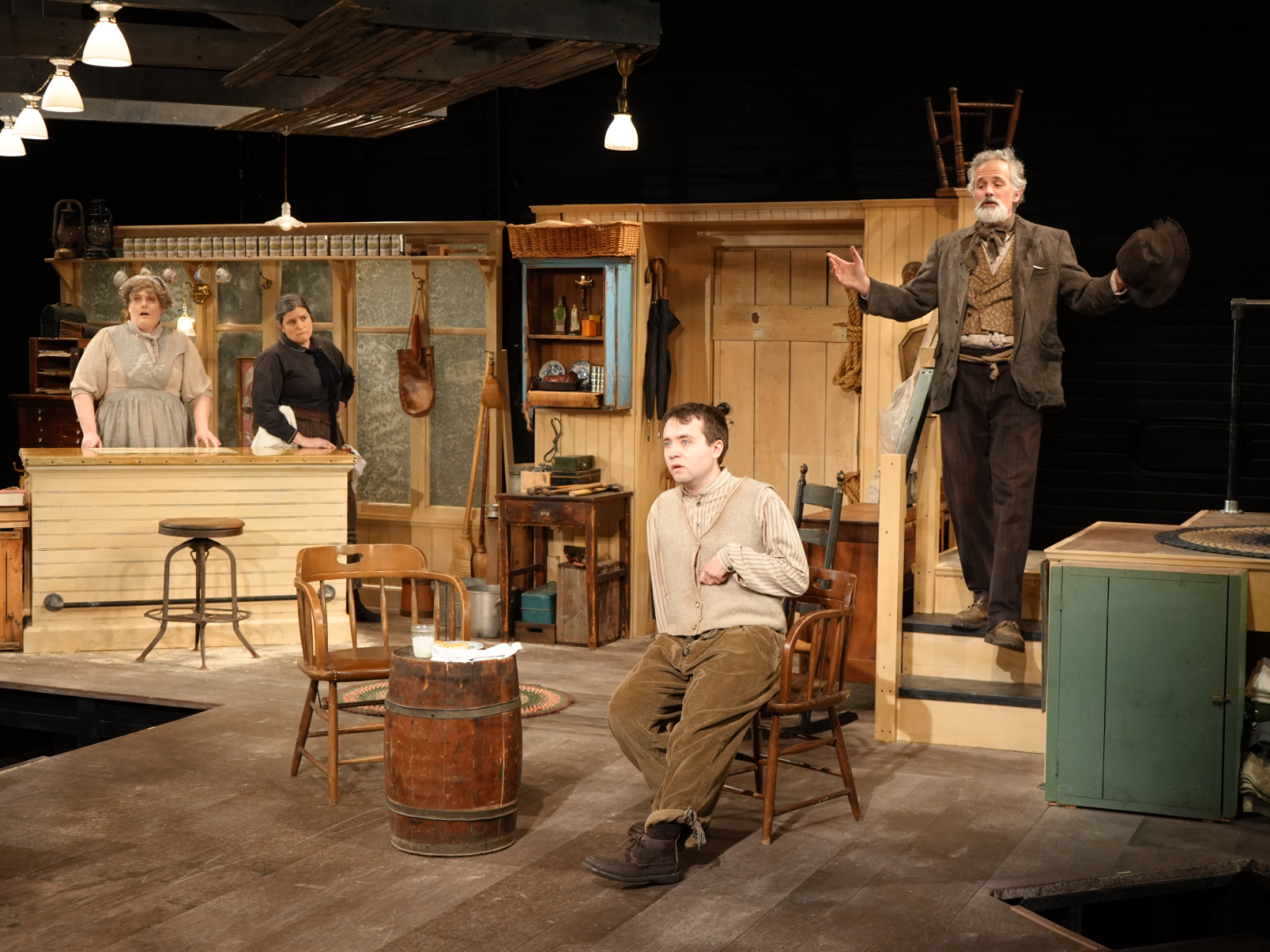 'The Cripple of Inishmaan' at the Gamm Theatre. L to R: Liliane Klein (Kate), Rachel Dulude (Eileen), Jesse Kodama (Billy), Tony Estrella (Johnnypateenmike)