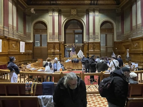 The City Council chambers at Providence City Hall transformed into a makeshift shelter.