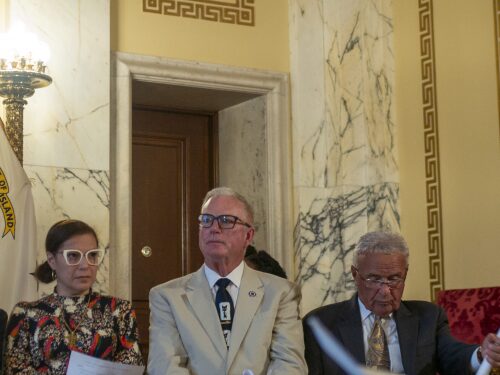 Warwick Democratic Rep. Joseph M. McNamara, center, is between Rhode Island Department of Education Commissioner Angélica Infante-Green and North Providence Mayor Charles Lombardi in this August 2024 photo.
