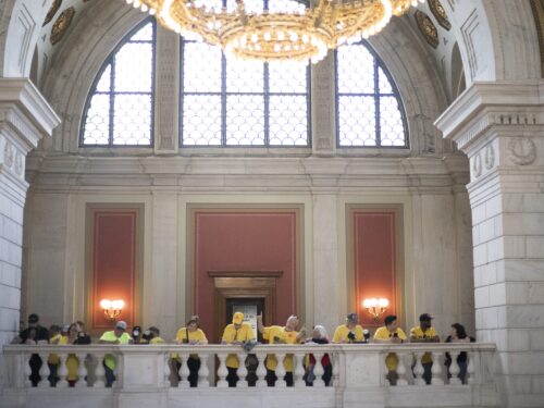Second Amendment supporters sign up and wait to testify on a bill that would regulate semiautomatic weapons in Rhode Island ahead of a hearing by the Senate’s Committee on Judiciary on May 14, 2025.