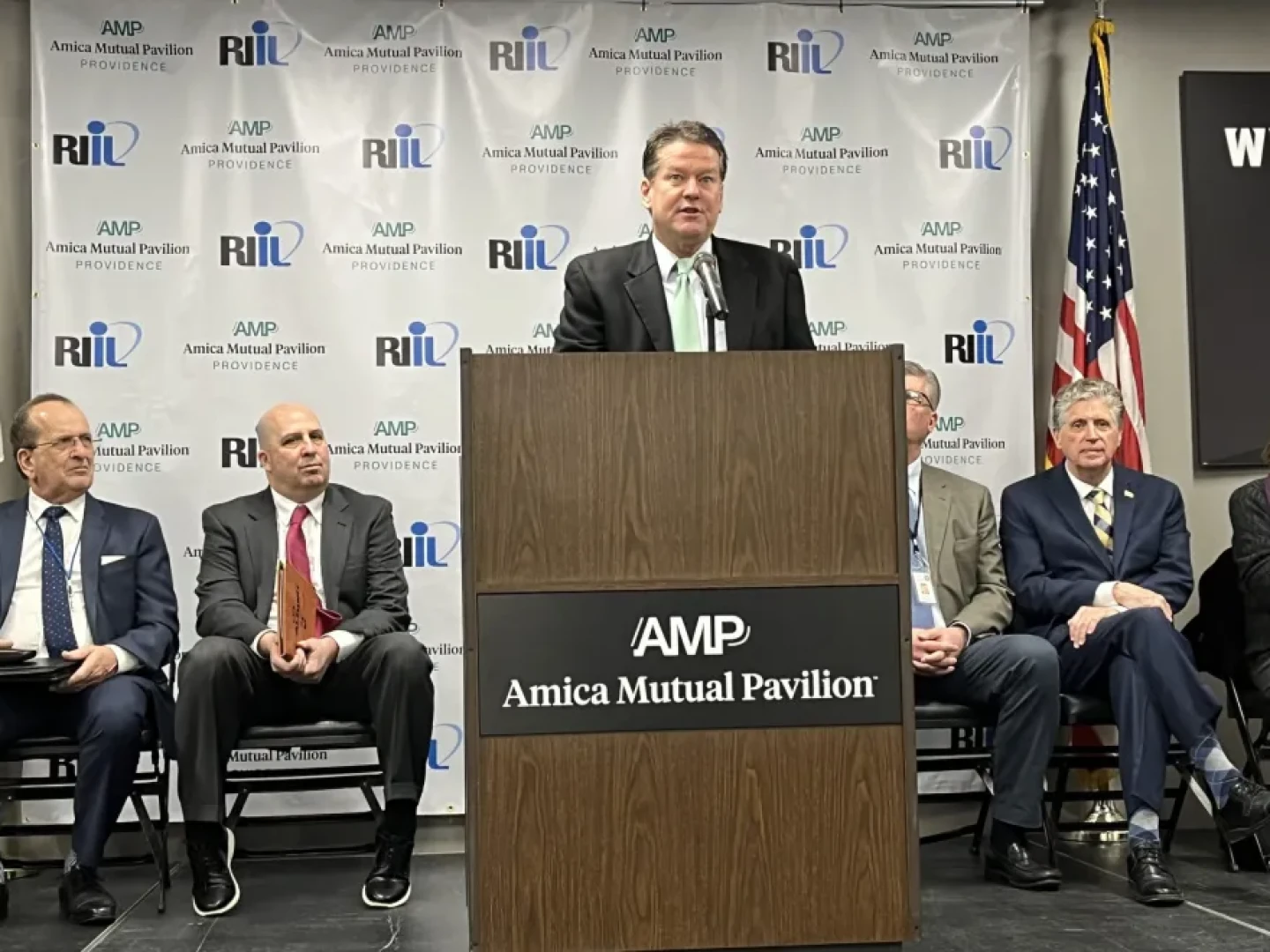 Kevin McNamara addresses a gathering at the Amica Mutual Pavilion. On Monday he will speak during the U.S. Basketball Writers Association Hall of Fame induction ceremony.