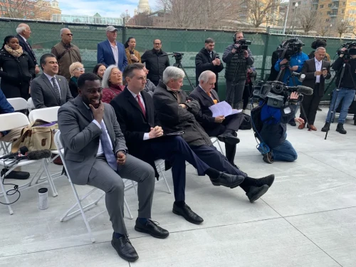 From left to right, U.S. Rep. Gabe Amo, U.S. Rep. Seth Magaziner, U.S. Sen. Sheldon Whitehouse, and U.S. Sen. Jack Reed at a food court ribbon cutting in Providence on Monday, March 18, 2025.