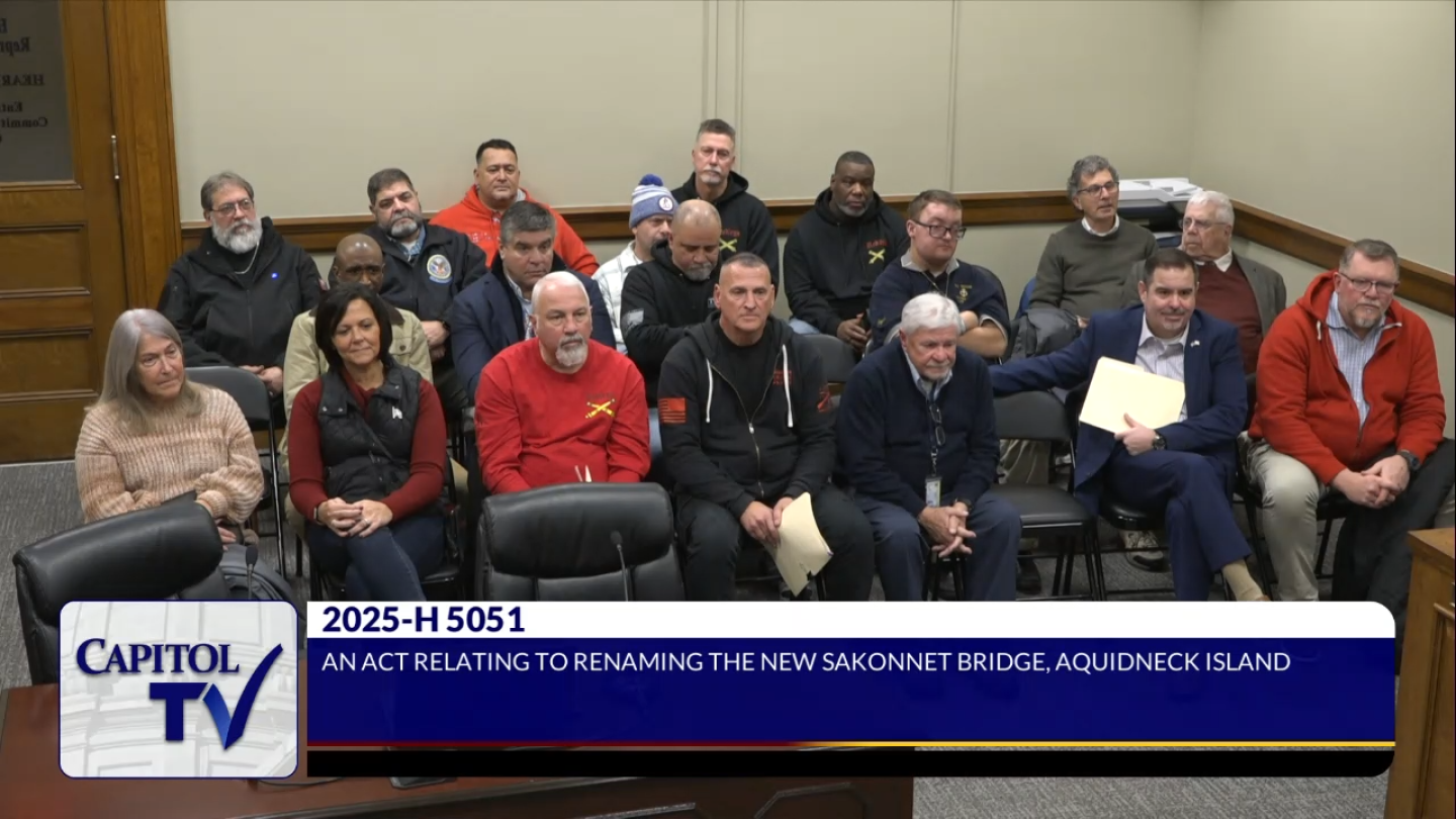 Family and platoon mates of the late Staff Sgt. Christopher Potts, a Tiverton resident and Rhode Island National Guardsman killed in action in Iraq in 2004, are seen at a Feb. 6, 2025, hearing on a bill seeking to rename the Sakonnet River Bridge to honor Potts.