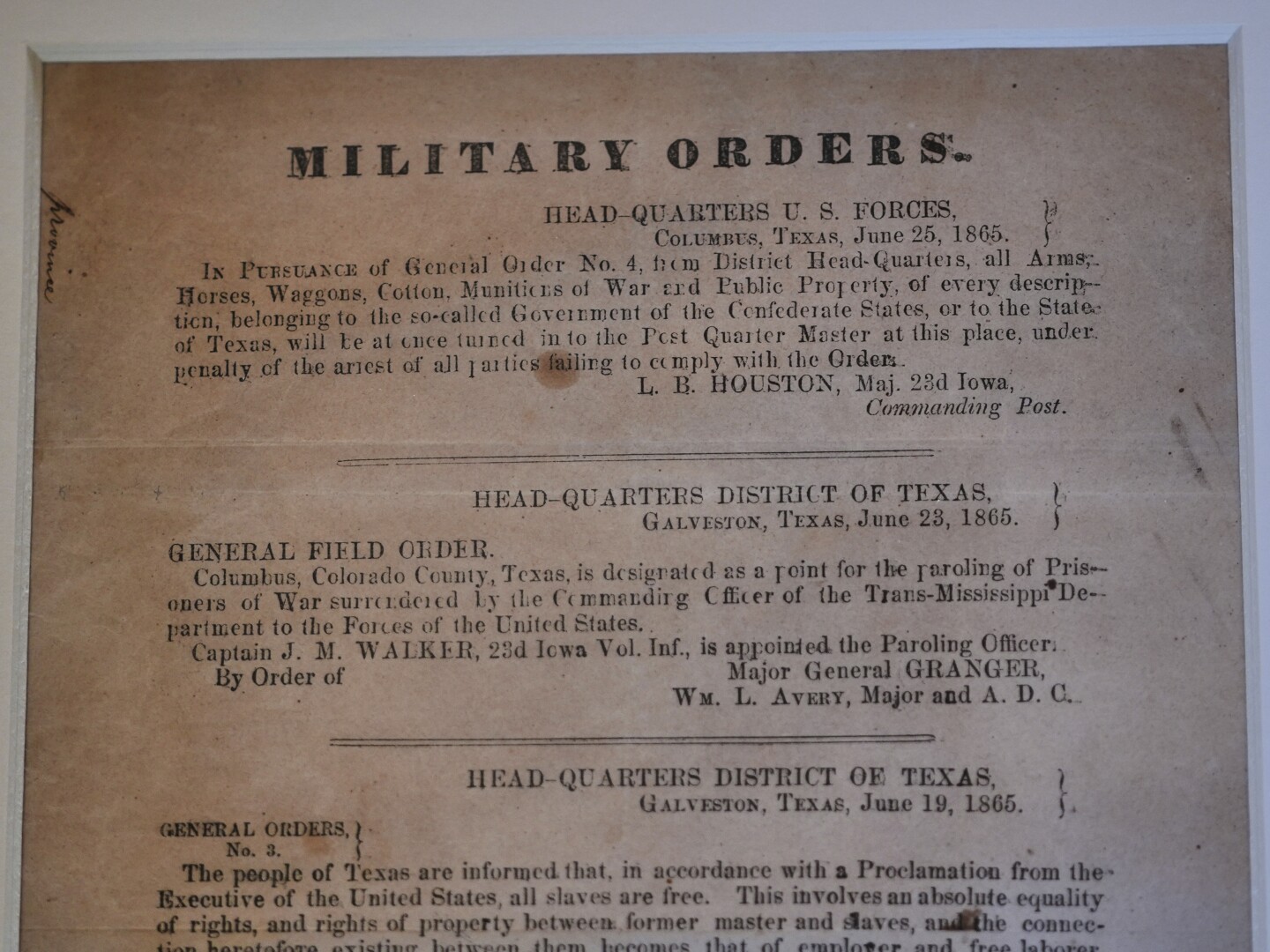 A view of a section of the 1865 Juneteenth General Order No. 3 that is displayed by the Dallas Historical Society at the Fair Park Hall of State in Dallas, Friday, June 6, 2025.