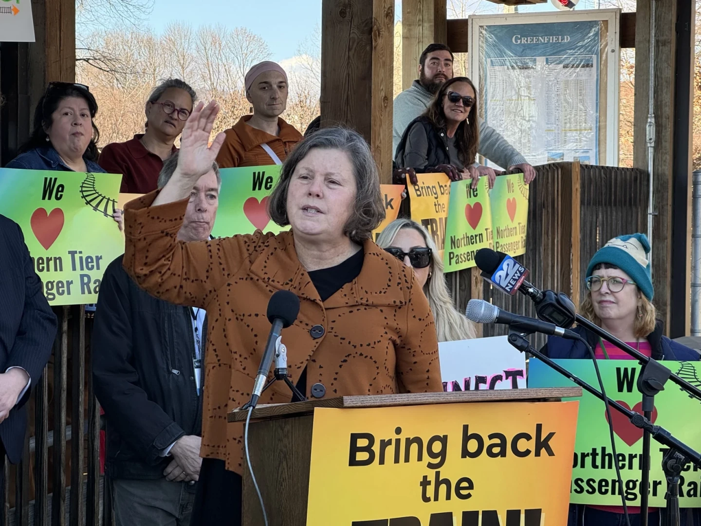 State Senator Jo Comerford of Northampton addressing supporters of the Northern Tier passenger rail project in Greenfield.