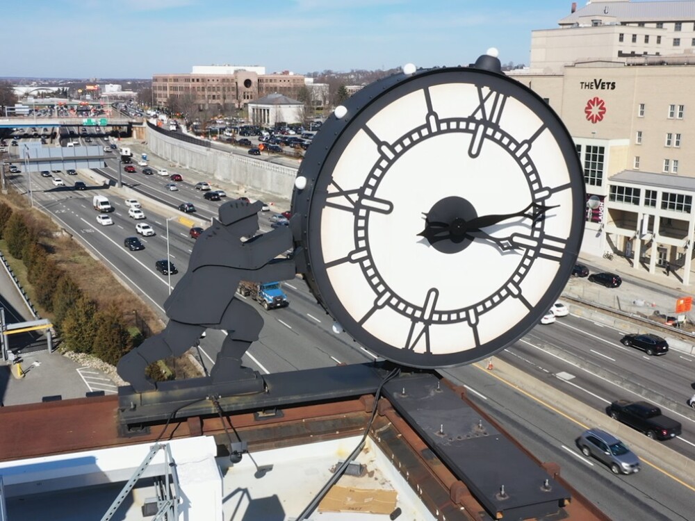 "Foundry Clock Man" overlooks Interstate 95 in Providence. It is one of Peter Diepenbrock's many creations.