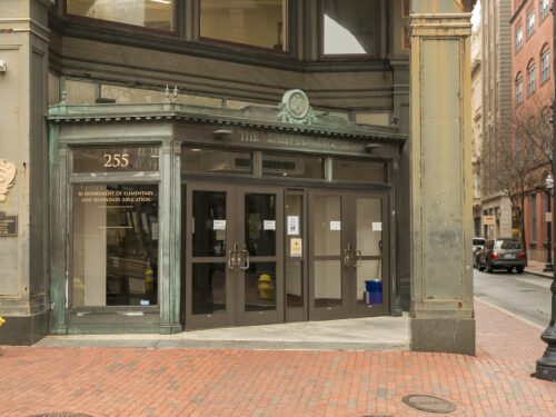 The Rhode Island Department of Education’s Westminster Street entrance in Providence is shown.