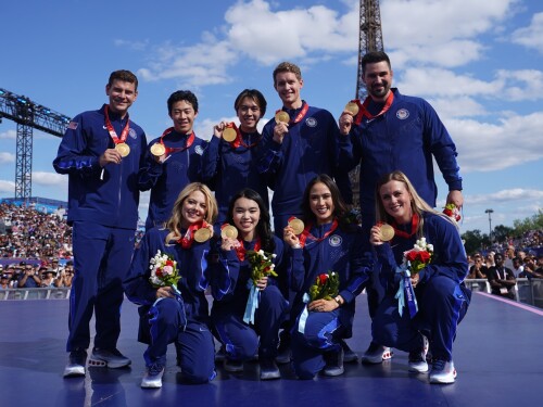 The U.S. Olympic skating team at Trocadéro Stadium in Paris. Top row, from left: Brandon Frazier, Nathan Chen, Vincent Chou, Evan Bates and Zachary Donohue. Bottom row, from left: Alexa Knierim, Karen Chen, Madison Chock and Madison Hubbell.
