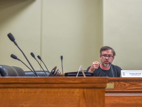 Reclaim Rhode Island Co-Chair Daniel Denvir advocates for a proposal to codify just cause evictions during the final meeting of the legislative commission on landlord-tenant law on Monday, May 19, 2025.