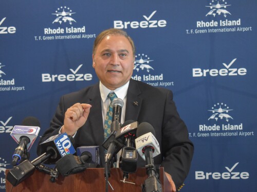 Rhode Island Airport Corporation CEO Iftikhar Ahmad speaks at a March 2023 press conference for the opening of Breeze Airway’s new base of operations at Rhode Island T.F. Green International Airport.