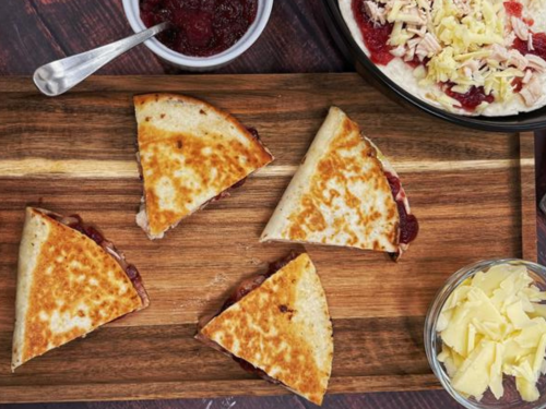 These cranberry quesadillas are the perfect sweet-savory twist on a classic — melty cheese, tender turkey, and tart cranberries all tucked into a golden, crispy tortilla. They come together in minutes and make an easy lunch, snack, or clever way to use leftovers.