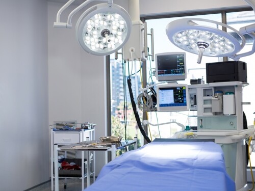 Equipment and medical devices in modern operating room at hospital