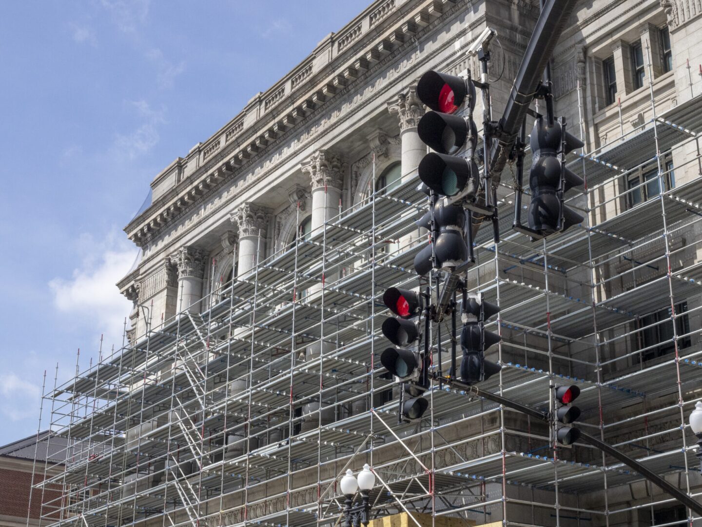 The façade of U.S. District Court for the District of Rhode Island building is seen undergoing construction in downtown Providence on July 24, 2025.