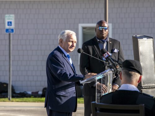 U.S. Sen. Jack Reed is seen introducing a speaker at a Veterans Day event in Bristol, Rhode Island on Nov. 11, 2024. To Reed’s Right is Kasim J. Yarn, the director of the Rhode Island Department of Veterans Affairs.