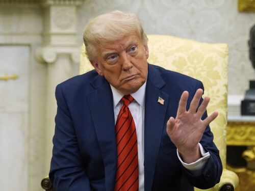 President Donald Trump speaks as he meets with Italy's Prime Minister Giorgia Meloni in the Oval Office of the White House, Thursday, April 17, 2025, in Washington.
