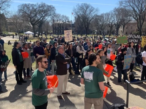 Students supporting unionized library workers and post-doctoral students gather at Brown University on Tuesday, March 11, 2025.