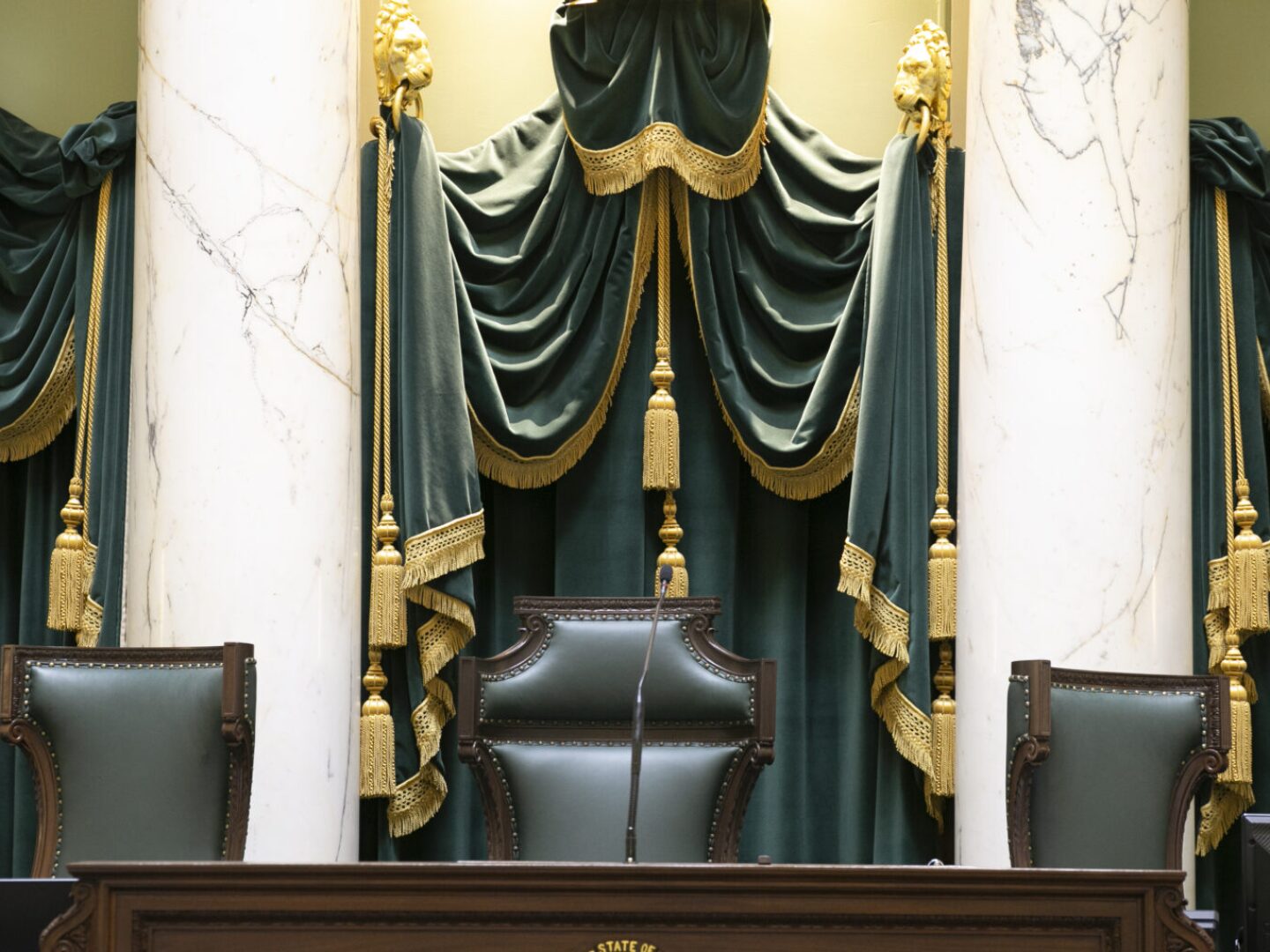 The Rhode Island Senate President’s chair, center, has not been occupied by Sen. Dominick Ruggerio for 13 of the 17 regularly scheduled floor sessions so far this year. He is expected to return to the upper chamber on April 22 after lawmakers' April break.