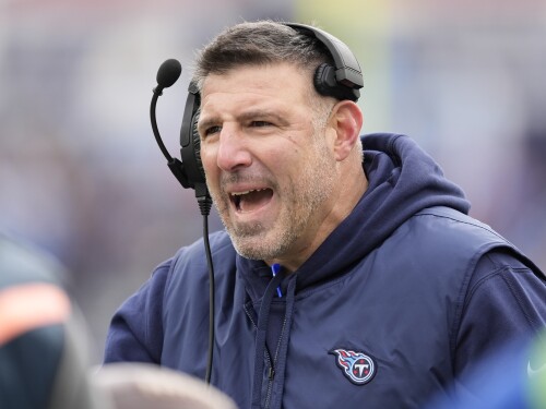 FILE - Tennessee Titans head coach Mike Vrabel argues a call during the first half of an NFL football game against the Jacksonville Jaguars Sunday, Jan. 7, 2024, in Nashville, Tenn.