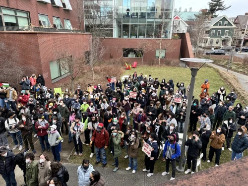 Students protest outside of a Brown Corporation Board meeting in Feb. 2024.