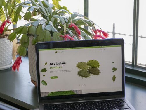 A laptop displays the website of an online kratom retailer that does not ship products to Rhode Island or five other states that expressly ban the sale of kratom.