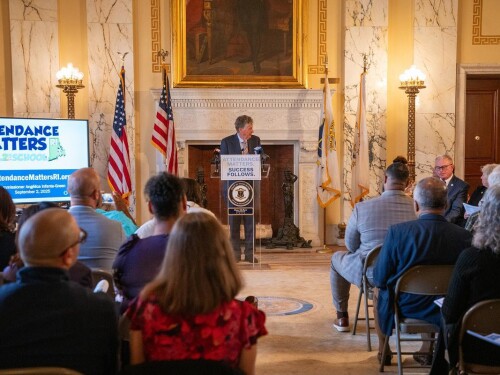 Rhode Island Gov. Dan McKee joins local legislators and educational leaders to kick off the 2025-26 Attendance Matters RI campaign at the State House on Tuesday, Sept. 2, 2025.