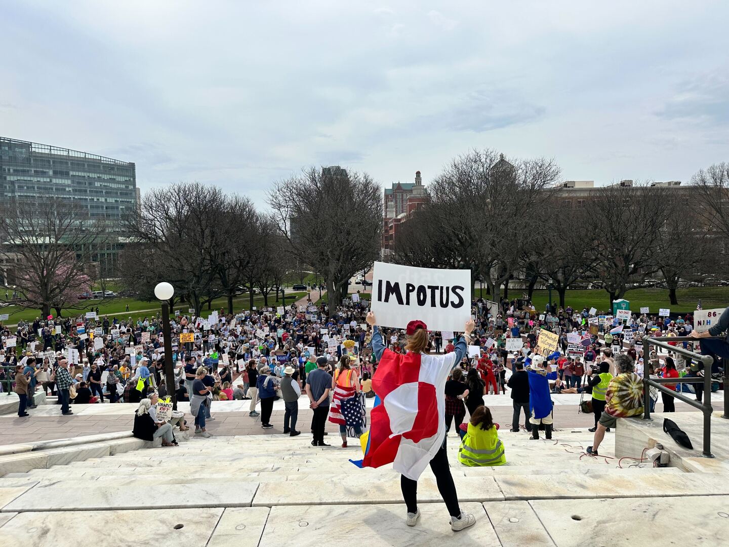 Protesters gathered in front of the Rhode Island State House to protest the Trump administration, April 19, 2025.