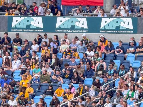 A banner advertising the Rhode Island Public Transit Authority is shown at Centreville Bank Stadium in Pawtucket during the home opener for Rhode Island FC on May 3, 2025.