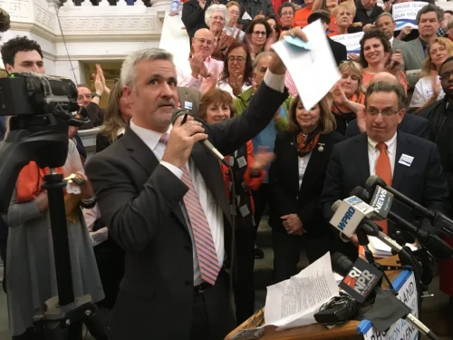 Rep, Jason Knight, sponsor of the AWB ban, seen during a 2018 rally at the Statehouse.
