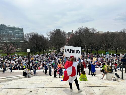 Protesters gathered in front of the Rhode Island State House to protest the Trump administration, April 19, 2025.