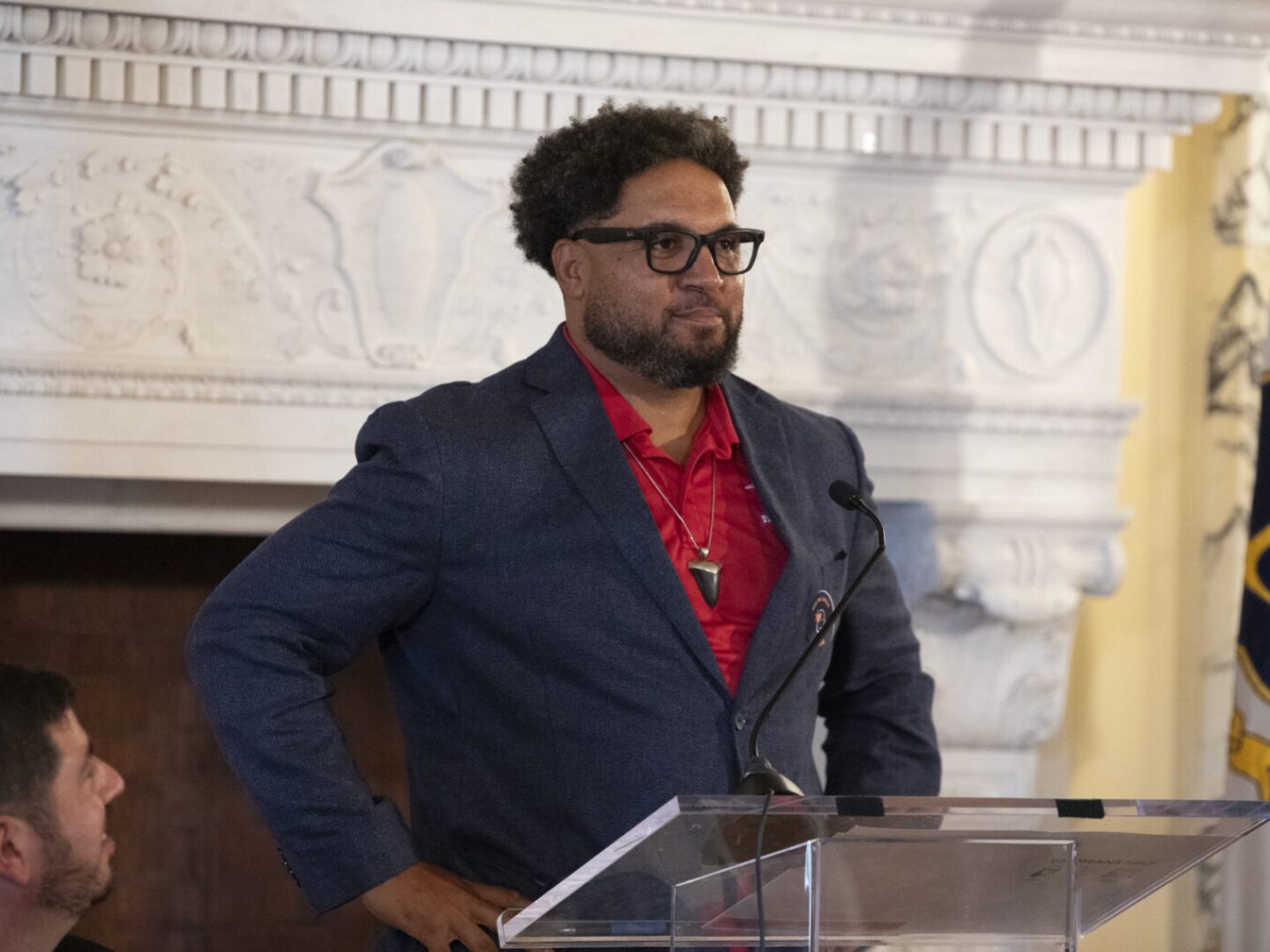 Retired New England Patriot linebacker Tully Banta-Cain joined state leaders at the Rhode Island State House on 988 Day Monday, Sept. 8, 2025, to highlight the state’s robust uptake of the suicide prevention and crisis help hotline.