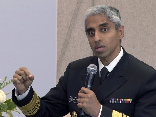 FILE - Surgeon General Vivek Murthy speaks during a panel discussion, Oct. 10, 2023, in New York.