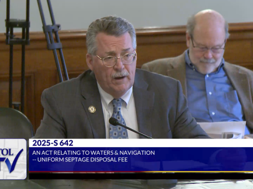 Sen. Mark McKenney, a Warwick Democrat, has sponsored a comprehensive reform bill for the Rhode Island Coastal Resources Management Council. He is shown during the Senate Committee on Environment hearing Wednesday, March 26, 2025.