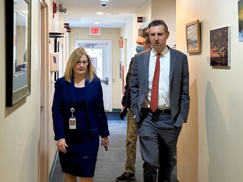 U.S. Rep. Seth Magaziner tours Wood River Health Services in Hope Valley with Wood River CEO Alison L. Croke.