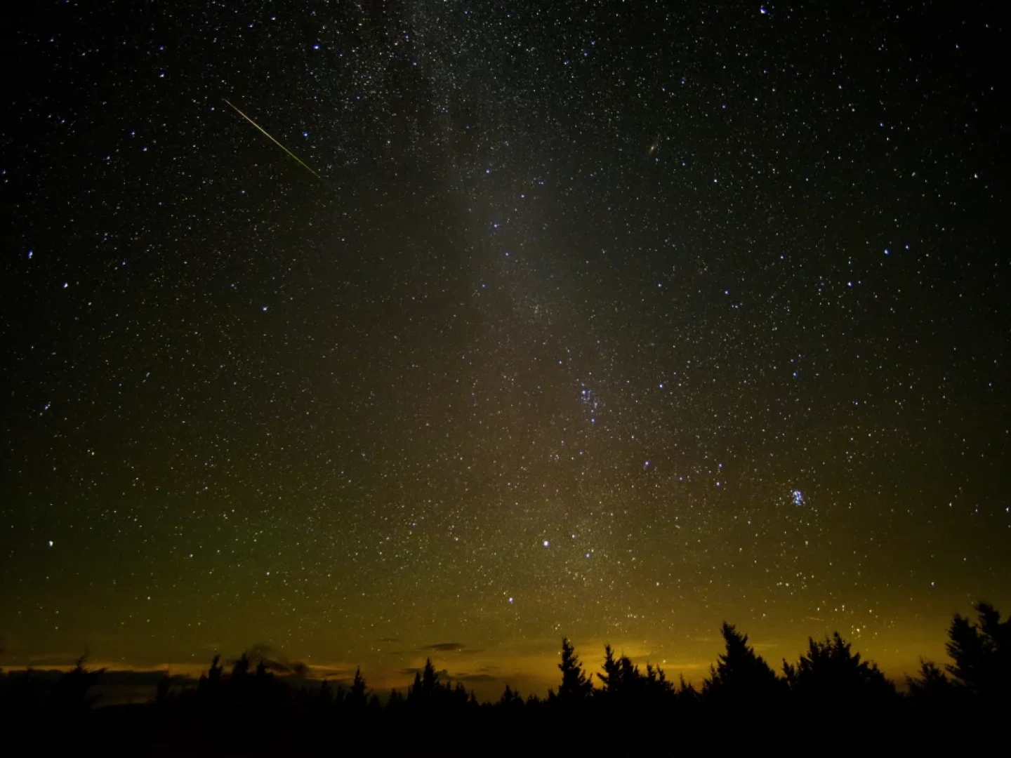 In this 30-second exposure, a meteor streaks across the sky during the annual Perseid meteor shower Friday, Aug. 12, 2016 in Spruce Knob, W. Va.