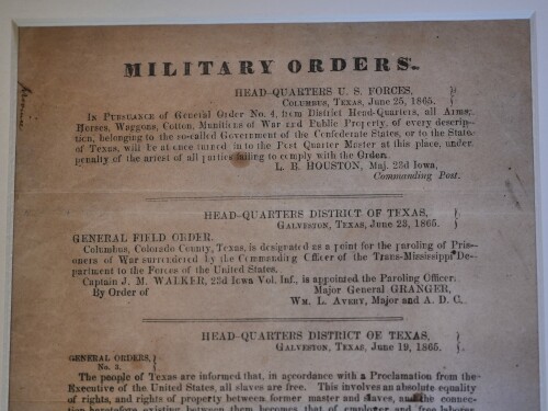 A view of a section of the 1865 Juneteenth General Order No. 3 that is displayed by the Dallas Historical Society at the Fair Park Hall of State in Dallas, Friday, June 6, 2025.