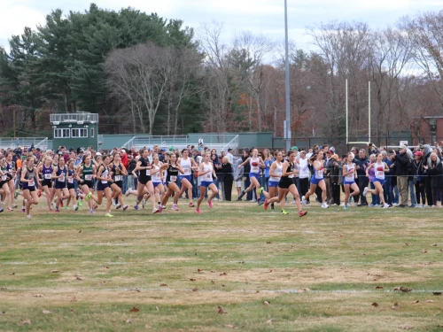 Dozens of girls set off for the 2024 RIIL cross-country state championship. Participation is critical to all high-school sports.