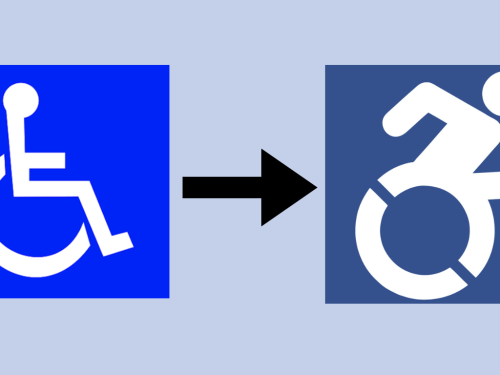 The original International Symbol of Access, designed in the 1960s by Susanne Koefoed. Its provisions are historic and profound. But its rectilinear geometry doesn’t show the organic body moving through space, like the rest of the standard isotype icons you see in public space. And the new, final icon in white on blue, to keep to the standard color scheme of the original. Now there’s just one wheel, but with two cutouts to emphasize its motion and make it easy to stencil.
