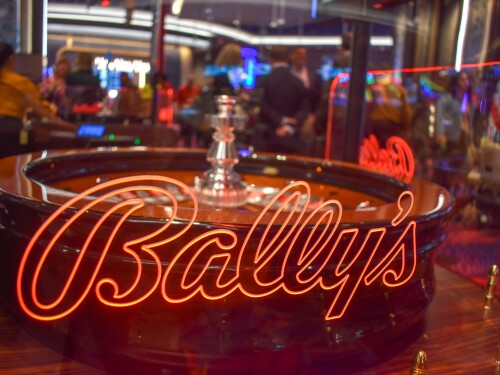 A roulette wheel inside the 40,000 square-foot gaming space and food hall Bally’s opened at its Twin River Lincoln casino in 2023.