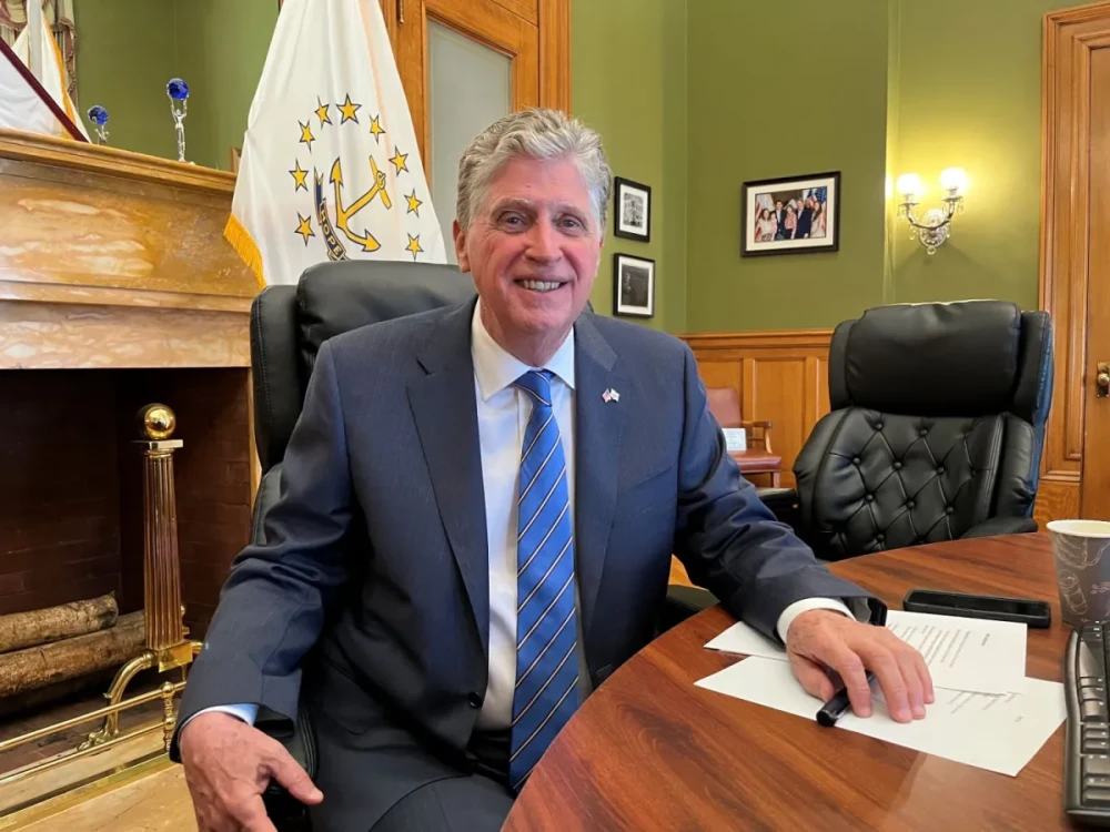 Gov. Dan McKee at his office in the Rhode Island Statehouse.