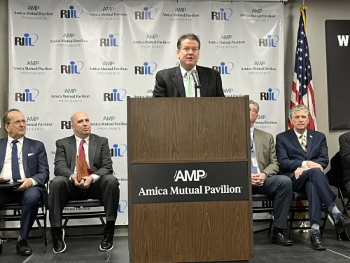 Kevin McNamara addresses a gathering at the Amica Mutual Pavilion. On Monday he will speak during the U.S. Basketball Writers Association Hall of Fame induction ceremony.