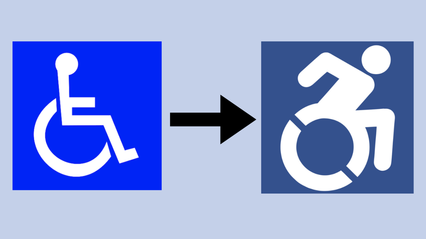The original International Symbol of Access, designed in the 1960s by Susanne Koefoed. Its provisions are historic and profound. But its rectilinear geometry doesn’t show the organic body moving through space, like the rest of the standard isotype icons you see in public space. And the new, final icon in white on blue, to keep to the standard color scheme of the original. Now there’s just one wheel, but with two cutouts to emphasize its motion and make it easy to stencil.
