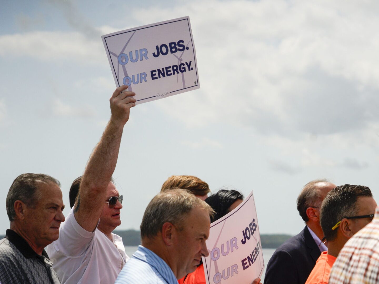 Labor leaders and state officials urge the federal administration to let work resume on the Revolution Wind project at a press conference at Quonset Point on Aug. 25, 2025.